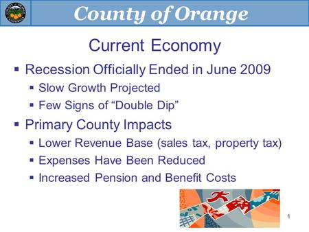 County of Orange 1 Current Economy  Recession Officially Ended in June 2009  Slow Growth Projected  Few Signs of “Double Dip”  Primary County Impacts.