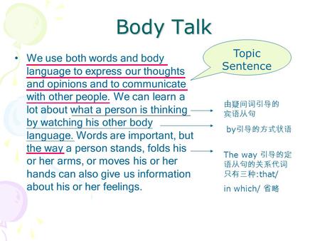 Body Talk We use both words and body language to express our thoughts and opinions and to communicate with other people. We can learn a lot about what.