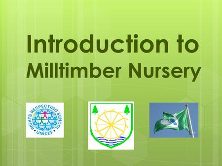 Introduction to Milltimber Nursery. The Nursery Team Mrs Chris Darlington Mrs Sue Rhodes Mrs Margaret Fraser.