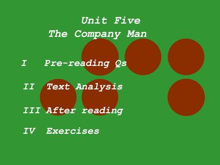 Unit Five The Company Man IV Exercises I Pre-reading Qs II Text Analysis III After reading Unit Five The Company Man IV Exercises I Pre-reading Qs II Text.