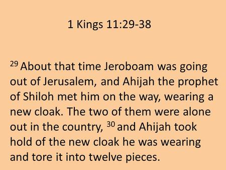 29 About that time Jeroboam was going out of Jerusalem, and Ahijah the prophet of Shiloh met him on the way, wearing a new cloak. The two of them were.