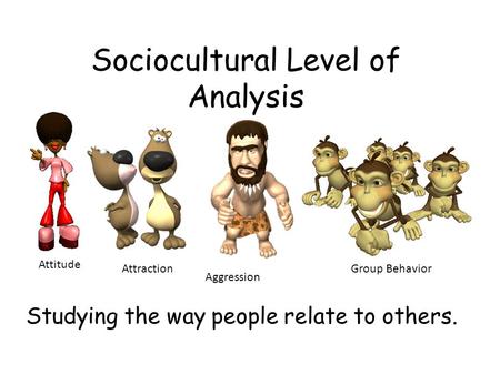 Sociocultural Level of Analysis Studying the way people relate to others. Attitude Attraction Aggression Group Behavior.