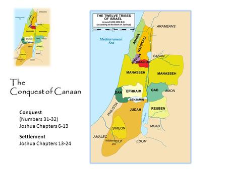 The Conquest of Canaan Conquest (Numbers 31-32) Joshua Chapters 6-13 Settlement Joshua Chapters 13-24.