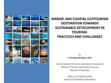 MARINE AND COASTAL ECOTOURISM DESTINATION TOWARDS SUSTAINABLE DEVELOPMENT IN TOURISM: PRACTICES AND CHALLENGES By Ir. Firmansyah Rahim, MM. Director General.