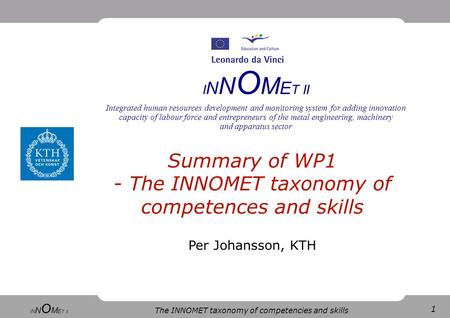 1 The INNOMET taxonomy of competencies and skills I N N O M E T II Integrated human resources development and monitoring system for adding innovation capacity.
