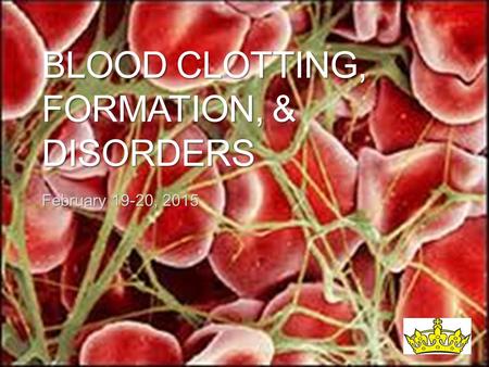 BLOOD CLOTTING, FORMATION, & DISORDERS February 19-20, 2015.