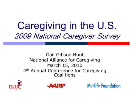Caregiving in the U.S. 2009 National Caregiver Survey Gail Gibson Hunt National Alliance for Caregiving March 15, 2010 4 th Annual Conference for Caregiving.