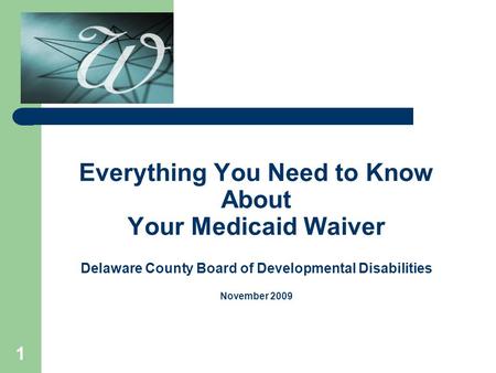 1 Everything You Need to Know About Your Medicaid Waiver Delaware County Board of Developmental Disabilities November 2009.