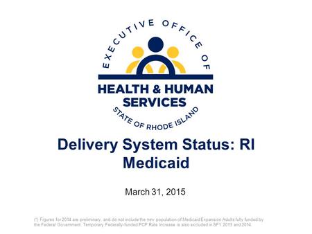Delivery System Status: RI Medicaid March 31, 2015 (*) Figures for 2014 are preliminary, and do not include the new population of Medicaid Expansion Adults.