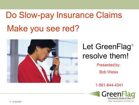 1 07.03.2003 Let GreenFlag  resolve them! Presented by: Bob Weiss 1-561-844-4341 Do Slow-pay Insurance Claims Make you see red?