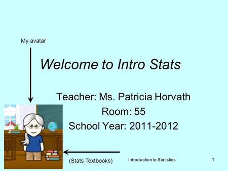 Introduction to Statistics 1 Welcome to Intro Stats Teacher: Ms. Patricia Horvath Room: 55 School Year: 2011-2012 (Stats Textbooks) My avatar.