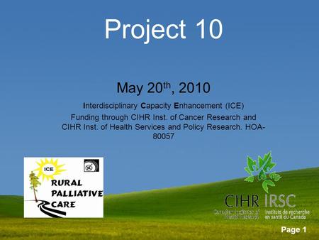 Page 1 Project 10 May 20 th, 2010 Interdisciplinary Capacity Enhancement (ICE) Funding through CIHR Inst. of Cancer Research and CIHR Inst. of Health Services.