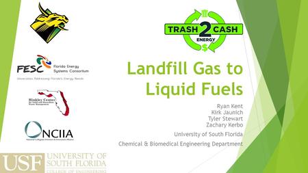 Landfill Gas to Liquid Fuels Ryan Kent Kirk Jaunich Tyler Stewart Zachary Kerbo University of South Florida Chemical & Biomedical Engineering Department.