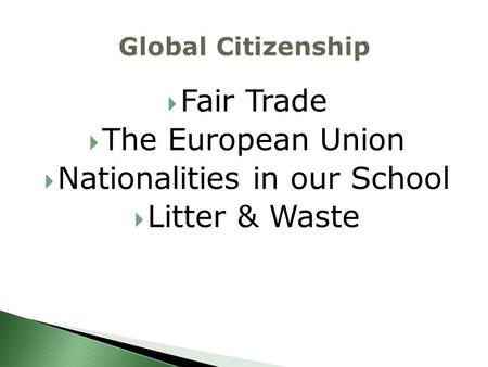  Fair Trade  The European Union  Nationalities in our School  Litter & Waste.