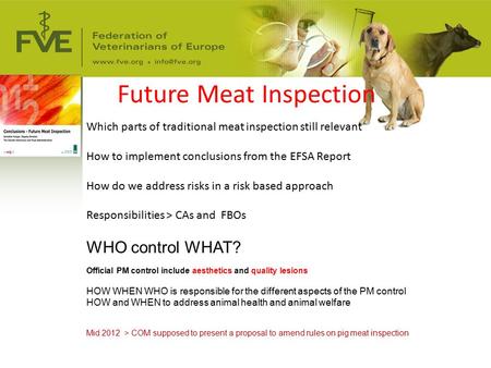 Future Meat Inspection Which parts of traditional meat inspection still relevant How to implement conclusions from the EFSA Report How do we address risks.