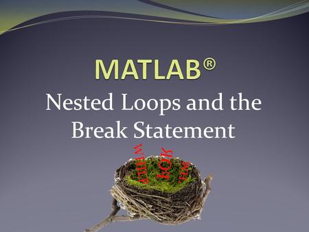 Nested Loops and the Break Statement. What are Nested Loops? Nested loops are: Loops which run inside another loop When would you use nested loops? Performing.