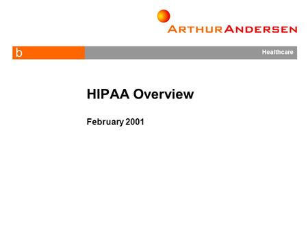 B Healthcare HIPAA Overview February 2001. 2 What is HIPAA?  HIPAA is the Health Insurance Portability and Accountability Act of 1996 (PL 104-191) 