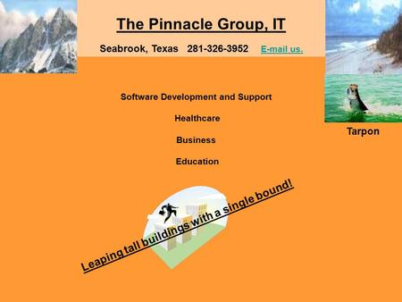 The Pinnacle Group, IT Software Development and Support Healthcare Business Education Seabrook, Texas 281-326-3952 E-mail us. E-mail us. Leaping tall buildings.