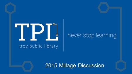 2015 Millage Discussion. Funding History Library Funding | 6-year Perspective 09/1010/1111/1212/1313/1414/15 Millage Revenue --$ 3.038$ 2.962$ 2.983$