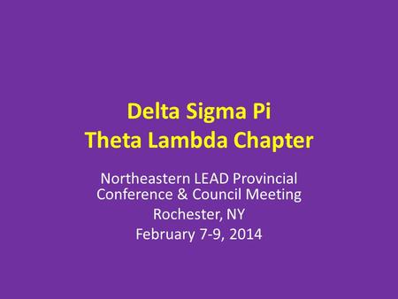 Delta Sigma Pi Theta Lambda Chapter Northeastern LEAD Provincial Conference & Council Meeting Rochester, NY February 7-9, 2014.
