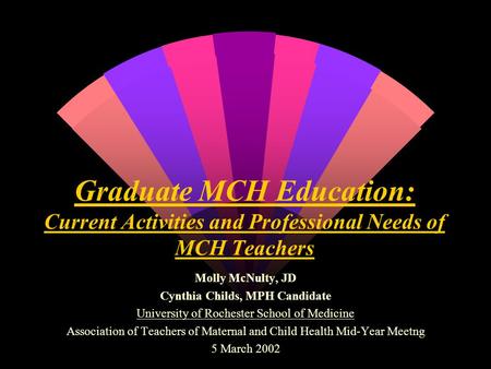 Graduate MCH Education: Current Activities and Professional Needs of MCH Teachers Molly McNulty, JD Cynthia Childs, MPH Candidate University of Rochester.