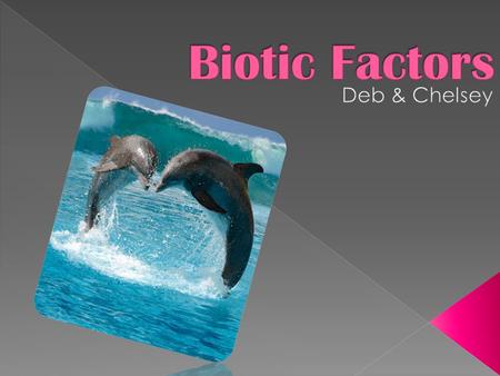 Biotic Factors are all the living parts of an ecosystem. For example: Fish, whales, & seaweed.