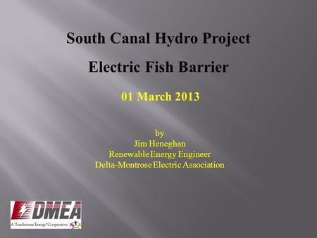 South Canal Hydro Project Electric Fish Barrier 01 March 2013 by Jim Heneghan Renewable Energy Engineer Delta-Montrose Electric Association.