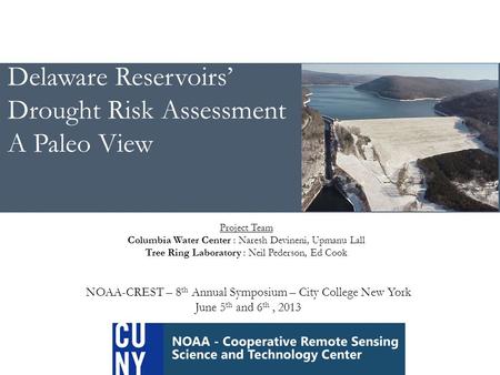 Hydroclimatic Data Science Initiative Delaware Reservoirs’ Drought Risk Assessment A Paleo View NOAA-CREST – 8 th Annual Symposium – City College New York.