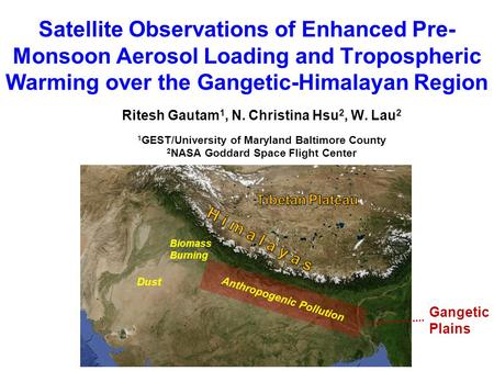 Satellite Observations of Enhanced Pre- Monsoon Aerosol Loading and Tropospheric Warming over the Gangetic-Himalayan Region Ritesh Gautam 1, N. Christina.