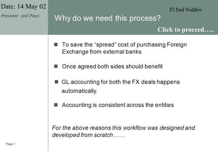 Page 1 Why do we need this process? To save the “spread” cost of purchasing Foreign Exchange from external banks GL accounting for both the FX deals happens.
