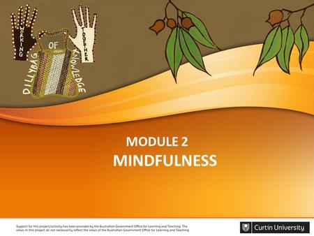 MODULE 2 MINDFULNESS. WELCOME Acknowledgement of country Facilitators introduction Housekeeping Introduce each other Introduce module.
