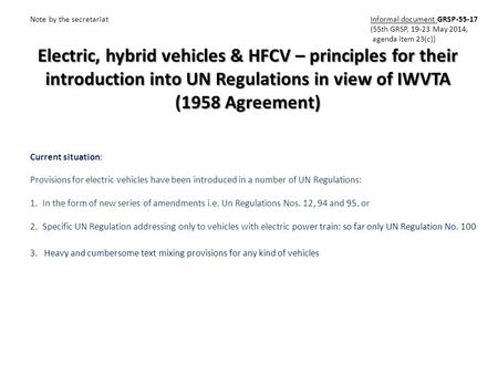 Electric, hybrid vehicles & HFCV – principles for their introduction into UN Regulations in view of IWVTA (1958 Agreement) Note by the secretariat Informal.