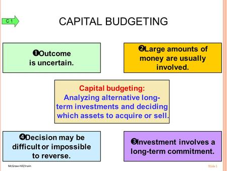 McGraw-Hill/Irwin Slide 1 McGraw-Hill/Irwin Slide 1 Capital budgeting: Analyzing alternative long- term investments and deciding which assets to acquire.