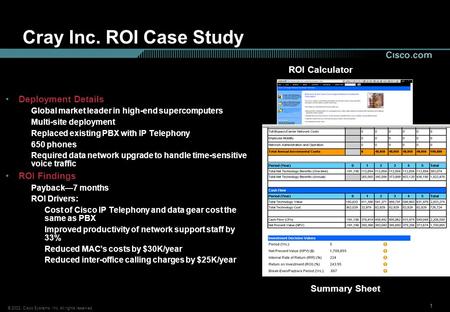 © 2002, Cisco Systems, Inc. All rights reserved. 111 Cray Inc. ROI Case Study Deployment Details Global market leader in high-end supercomputers Multi-site.