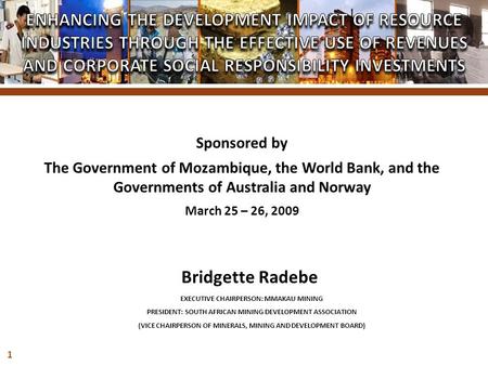 Sponsored by The Government of Mozambique, the World Bank, and the Governments of Australia and Norway March 25 – 26, 2009 Bridgette Radebe EXECUTIVE CHAIRPERSON:
