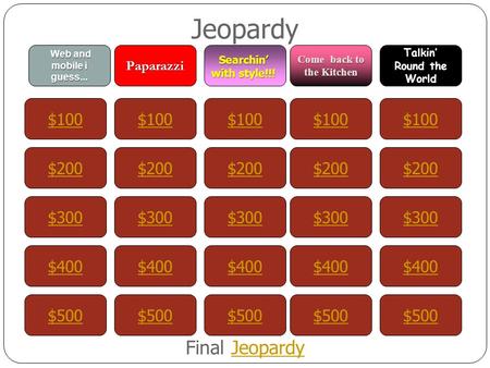 Jeopardy $100 Web and mobile i guess... Paparazzi Searchin’ with style!!! Come back to the Kitchen Talkin’ Round the World $200 $300 $400 $500 $400 $300.