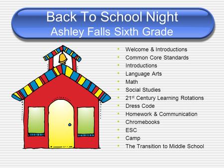 Back To School Night Ashley Falls Sixth Grade Welcome & Introductions Common Core Standards Introductions Language Arts Math Social Studies 21 st Century.