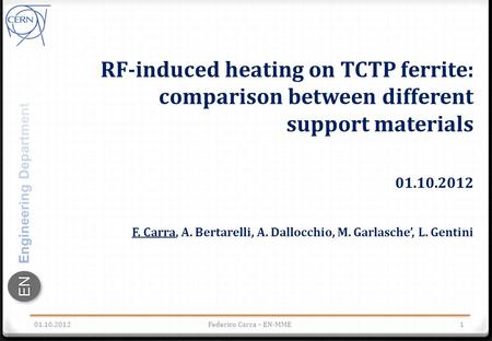 ENEN RF-induced heating on TCTP ferrite: comparison between different support materials 01.10.2012 F. Carra, A. Bertarelli, A. Dallocchio, M. Garlasche’,