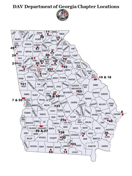 DAV Department of Georgia Chapter Locations v 28 11 15 49 47 17 90 6 21 2 92 16 24 55 1 57 31 10 & 18 89 9 & 50 33 7 & 56 23 8 46 36 26 & 27 38 25 1459.