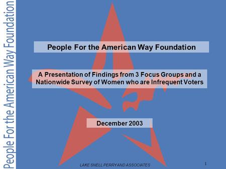 LAKE SNELL PERRY AND ASSOCIATES 1 A Presentation of Findings from 3 Focus Groups and a Nationwide Survey of Women who are Infrequent Voters December 2003.