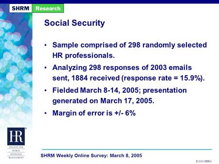 © 2005 SHRM SHRM Weekly Online Survey: March 8, 2005 Social Security Sample comprised of 298 randomly selected HR professionals. Analyzing 298 responses.