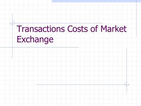 Transactions Costs of Market Exchange. Introduction Using the market is costly Imposes limits on the use of the market Transactions costs arise because.