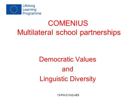 COMENIUS Multilateral school partnerships Democratic Values and Linguistic Diversity 13-PM-210-DJ-ES.