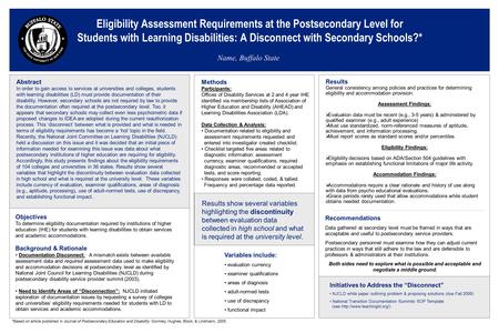 Eligibility Assessment Requirements at the Postsecondary Level for Students with Learning Disabilities: A Disconnect with Secondary Schools?* Name, Buffalo.