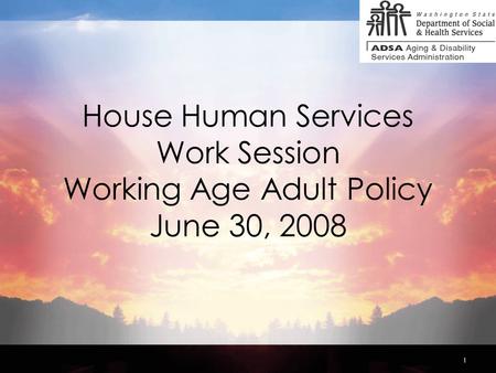1 House Human Services Work Session Working Age Adult Policy June 30, 2008.