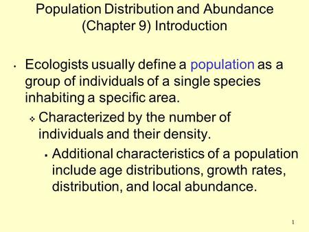 Population Distribution and Abundance (Chapter 9) Introduction