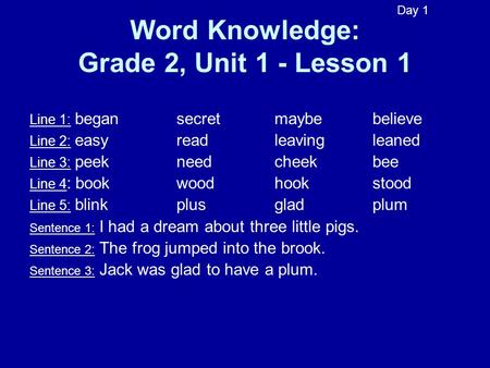 Word Knowledge: Grade 2, Unit 1 - Lesson 1 Line 1: began secret maybe believe Line 2: easy read leaving leaned Line 3: peek need cheek bee Line 4 : book.