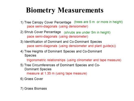 1) Tree Canopy Cover Percentage 2) Shrub Cover Percentage 3) Identification of Dominant and Co-Dominant Species 4) Tree Heights of Dominant Species and.