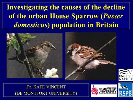 Investigating the causes of the decline of the urban House Sparrow (Passer domesticus) population in Britain Dr. KATE VINCENT (DE MONTFORT UNIVERSITY)