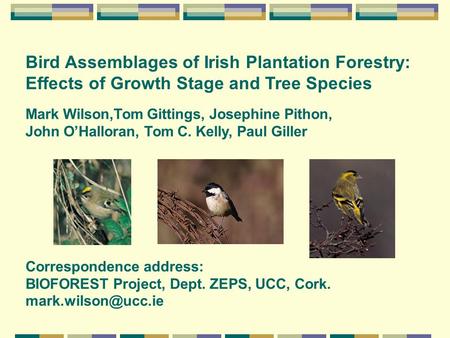 Mark Wilson,Tom Gittings, Josephine Pithon, John O’Halloran, Tom C. Kelly, Paul Giller Bird Assemblages of Irish Plantation Forestry: Effects of Growth.